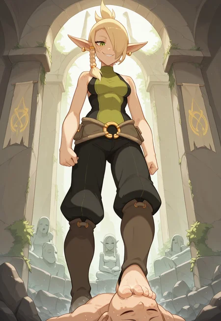 SFGFIL, foot in mouth, newest,, masterpiece, best quality, very aesthetic, HDR, ultra-detailed, anime, 748cmstyle, mythp0rt, femdom, hetero, forced, standing, from below, 
1girl, illucleo, ((pointy ears)), ((freckles)), earrings, jewelry, (blonde hair, single braid, side braid, hair over one eye), green eyes, sleeveless, bare shoulders, belt, boots, ((medium breasts)), ((ancient lost city, eternal mist, broken elemental temples, floating stone ruins, faded banners, magical runes glowing faintly, overgrown pathways, silence and whispers, time-frozen architecture, mystical energy lingering, forgotten battleground, cold wind, distant echoes, eerie light, crumbling statues, ghostly ambiance)), smelly:1.9, sweaty:1.9, steamy feet:1.9, evil smug, skindentation, skinny, rock, sitting on the rock, 
1boy, lying, Foot Sucking