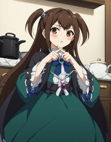 score_9, score_8_up, score_7_up, source_anime, <lora:kizuna-kazayama-s2-ponyxl-lora-nochekaiser:1>, kizuna kazayama, long hair, brown hair, brown eyes, two side up,, long sleeves, dress, bow, frills, wide sleeves, bowtie, cape, blue bow, brooch, green dress, black cape,, kitchen, stove, fridge, utensils, chef, , <lora:x-fingers-ponyxl-lora-nochekaiser:1>, x fingers, blush, parted lips,, looking at viewer, solo,, dutch angle, cowboy shot