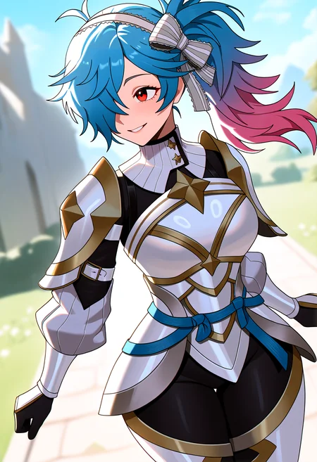 very awa, masterpiece, best quality, year 2024, newest, highres, absurdres, <lora:age_slider_v4:3> <lora:thicc_v1.4-pony:1.2>,detailed_background,outdoors,red eyes,fire emblem fates,solo,multicolored hair,smile,peri \(fire emblem\),alternate hairstyle,two-tone hair,nintendo,blue hair,gradient hair,third \(thirdstg\),pink hair,looking to the side,1girl,armor,fire emblem