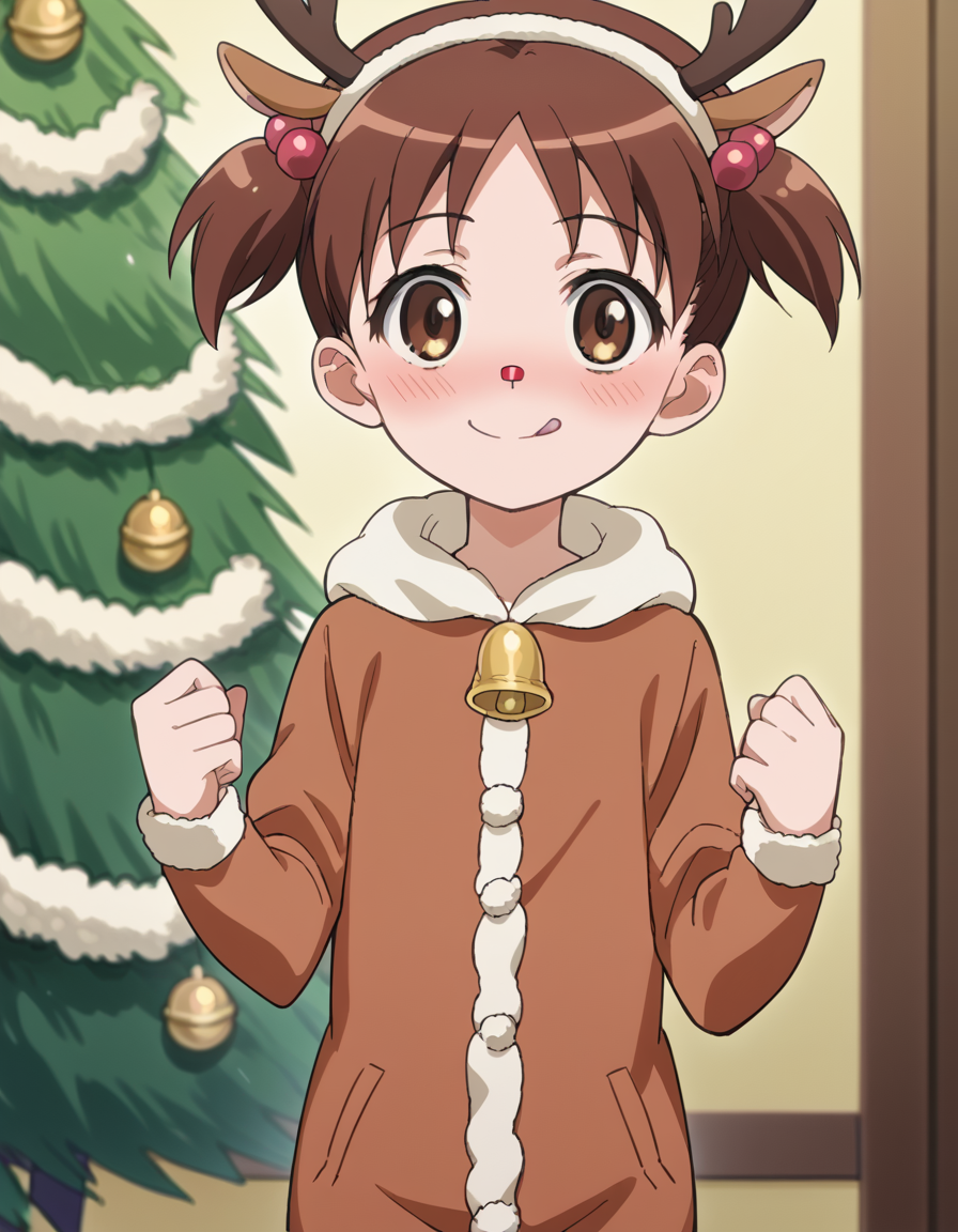 score_9, score_8_up, score_7_up, source_anime, <lora:kana-hazamaya-s1-ponyxl-lora-nochekaiser:1>, kana hazamaya, short hair, brown hair, hair ornament, twintails, brown eyes, hair bobbles, short twintails, child, anime screencap,, <lora:reindeer-costume-ponyxl-lora-nochekaiser:1>, reindeer costume, animal costume, reindeer antlers, antlers, fake antlers, reindeer hood, christmas, red nose, deer ears, deer tail, christmas tree, bell, horns, reindeer,, blush, smile, tongue out, looking at viewer,, , dutch angle, cowboy shot