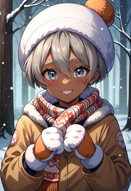score_9, score_8_up,score_7_up, source_anime, 1girl, solo, <lora:EPpkBea:1>, short hair, grey hair, dark-skinned female, dark skin, hair between eyes, grey eyes, Saitou, woolly hat, scarf, mittens, puffy jacket, snowing, outside, in forest, looking at viewer, smiling, blush,