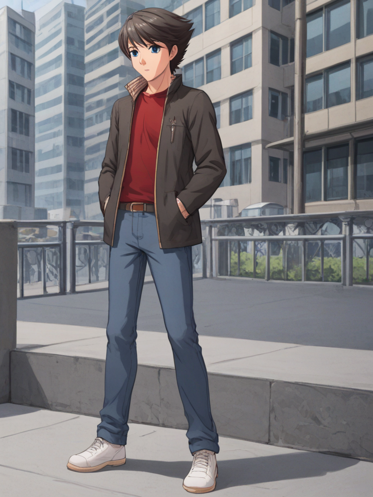 1boy, solo, ethantokiohollo, black hair, swept bangs, blue eyes, jacket, long sleeves, open jacket, popped collar, red shirt, long sleeves, brown belt, jeans, white shoes, outdoors, city, serious, hands in pockets, full body