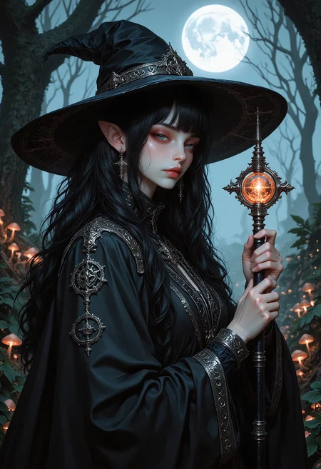 An1meL1nes, face close up, gorgeous perfect eyes, highly detailed eyes, glossy lips. A digital fantasy artwork featuring a witch with long, wavy black hair, slightly pointed ears, and a soft glow emanating from her youthful features. The woman is wearing an ornate black pointed hat decorated with silver filigree, flowing black robes adorned with arcane symbols, and she wields a magic staff topped with a shimmering crystal orb. The background is a lush forest filled with ancient towering trees and faintly glowing mushrooms, softly illuminated by pale moonlight filtering through a canopy of leaves. The composition focuses on her poised stance, her intense gaze brimming with mystical energy, and a subtle magical aura emanating around her staff. The overall color palette is a rich interplay of black and white, highlighting the eerie, enchanted atmosphere while complementing her bright, otherworldly features. (maximum ultra high definition image quality and rendering:3), maximum image detail, maximum realistic render, (((ultra realist style))), realist side lighting, 8K high definition, realist soft lighting, (amazing special effect:3.5). <lora:FluxMythAn1meL1nes:1>