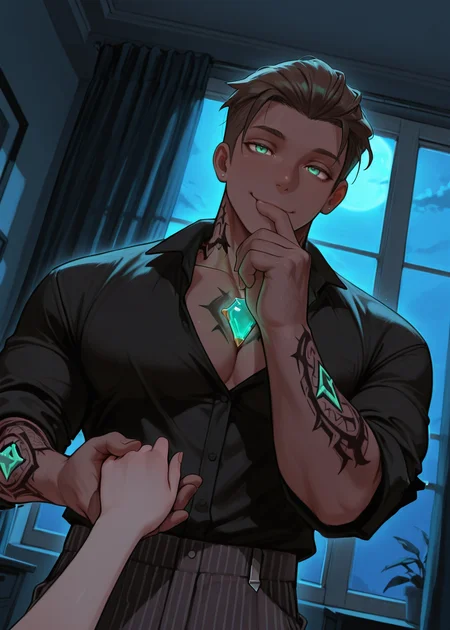 perfect quality, best quality, masterpiece, <lora:POVKissH_e100_s1000:0.8> POVKissH, 1boy, couple, kissing_her_fingers, hold_her_hand, grab hands, girl out frame,
mature male, ikemen, female pov, (taker pov:1.6), from below,
BREAK
<lora:filosleandros 1.0:1> filosleandros, light green eyes, brown hair, looking at viewer, dark-skinned male, neck tattoo, arm tattoo, chest jewel, black shirt, sleeves rolled up, pov, bedroom, upper body, dutch angle, window, curtains, moonlight, pinstripe pants,
artist:sasakure \(mogunonbi\)