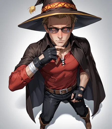 PonyScores7, source_anime, ah1, BREAK <lora:albertwesker-guy-PONYv1:0.8> albertwesker, albert wesker, 1boy, blonde, black gloves, (sunglasses:1.3), belt, black coat, black pants, looking at viewer, toned, athletic, fit, slicked back hair, black turtleneck, zipper, mature male, short hair, black boots, (encountering strangers), (A serene Balinese rice terrace with a farmer tending to their crops in the early morning), ((drunk, nose blush, bubbles, expression)), (focused, intense glare), (reddish orange eyes, slit pupils), (angular face, sharp_featured face), handsome, charming, alluring, BREAK <lora:xl_more_art-full_v1:0.2>, <lora:shinyskin2:0.2> glistening skin, <lora:aesthetic_anime_v1s:0.2>, <lora:Expressive_H:0.2> Expressiveh, <lora:hairdetailpxl:0.2> hairdetailpxl, <lora:EpicF4nta5yXL:0.2>, <lora:detailxl:0.2> detailxl, <lora:Fant5yP0ny:0.2>, best quality, amazing quality, best aesthetic, absurdres, <lora:expressive eyes:0.2> expressive eyes, <lora:eyedetailpxl:0.2> eyedetailpxl, illustration, Volumetric_Lighting, ultra-detailed, very aesthetic, intricate details, 8k, masterpiece, best_quality, BREAK (From above, looking straight down at the subject), BREAK <lora:Eyes_High_Definition:0.3> EyesHD, Stable_Yogis_PDXL_Positives, AS-Adult, <lora:Complicated fantasy portrait - XL Pony V2.0:0.4>, bad-hands-5, AS-MidAged, <lora:megumin-cosplay-ponyxl-lora-nochekaiser:1>, megumin cosplay, megumin (cosplay), thighhighs, gloves, hat, dress, black gloves, belt, black thighhighs, fingerless gloves, cape, collar, witch hat, bandages, red dress, single thighhigh, asymmetrical legwear, bandaged leg,