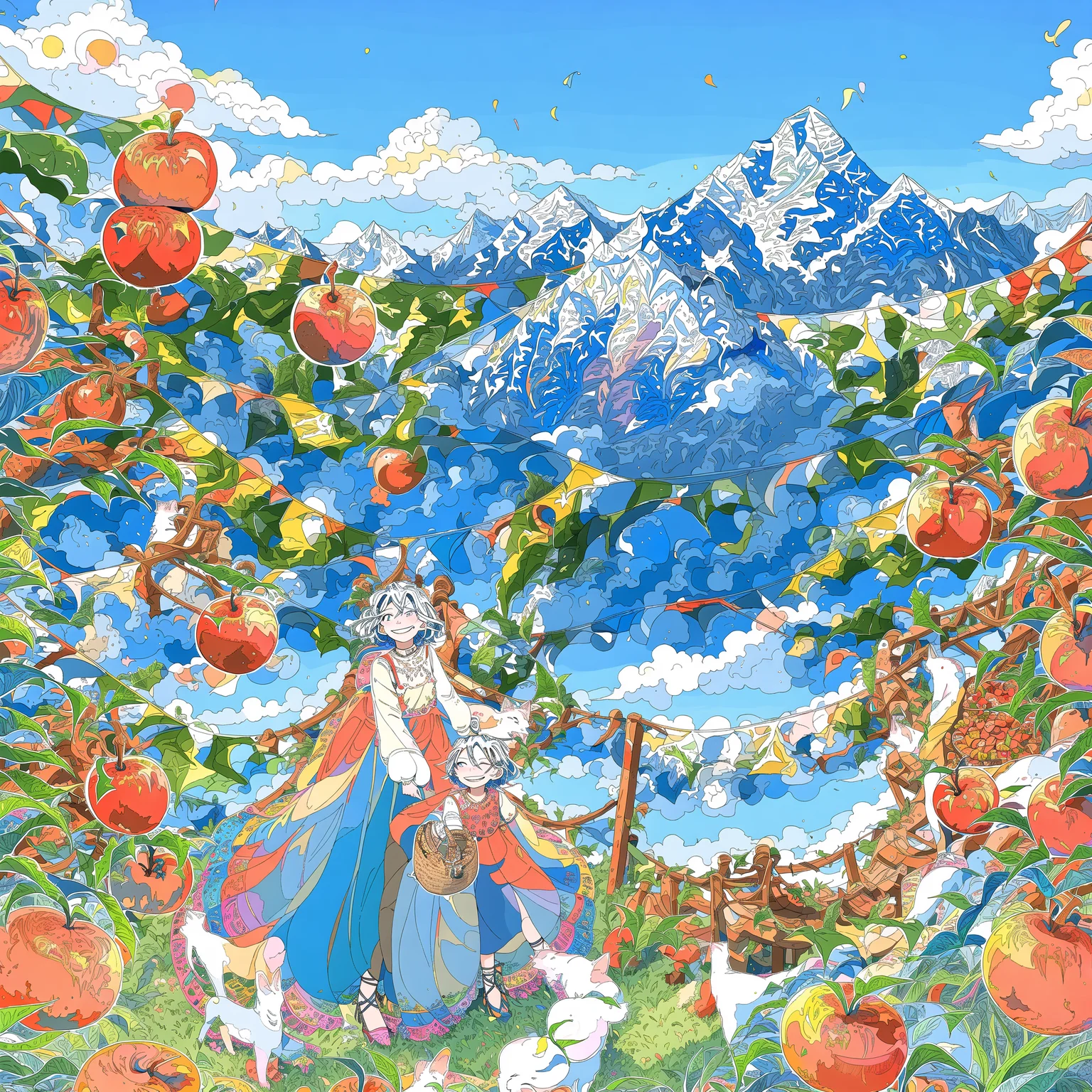(masterpiece, best quality), 1girl, cloud, mountain, sky, plant, solo, outdoors, day, flower, blue sky, leaf, basket, blue eyes, smile, standing, grass, food, potted plant, long sleeves, fruit, tree, dress, scenery