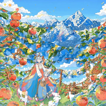 (masterpiece, best quality), 1girl, cloud, mountain, sky, plant, solo, outdoors, day, flower, blue sky, leaf, basket, blue eyes, smile, standing, grass, food, potted plant, long sleeves, fruit, tree, dress, scenery