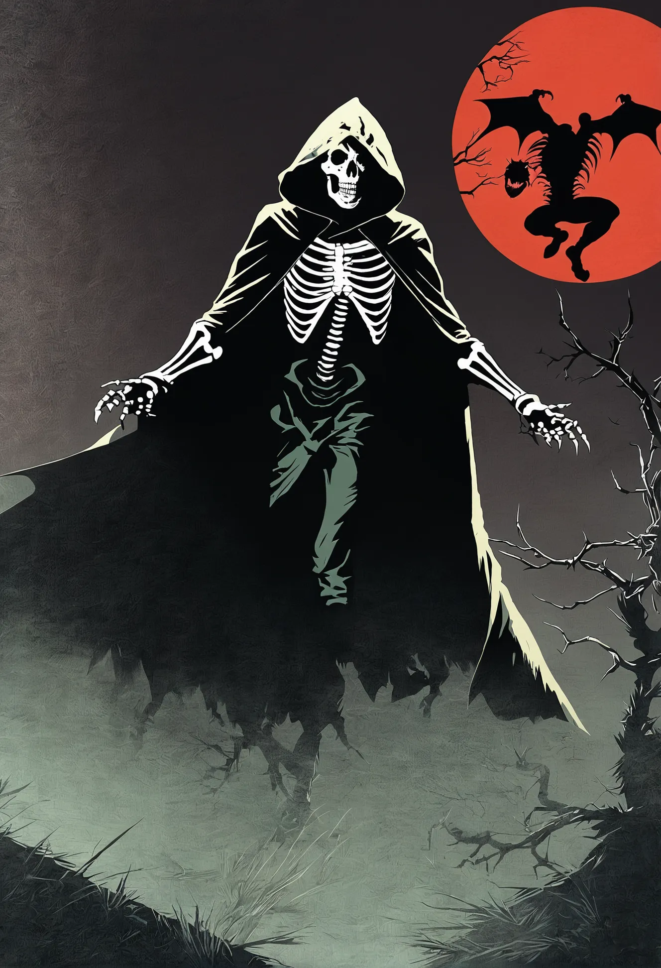 pulp horror, scary, demonic circle,skeleton,hooded figure,black cat<lora:EnvyPulpHorrorXL01:1:1:lbw=ALL>
