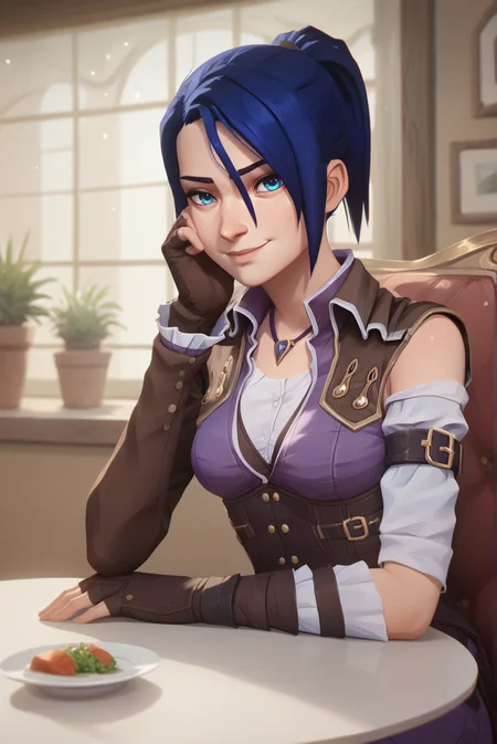 score_9, score_8_up, score_7_up, score_6_up, score_5_up, score_4_up, BREAK source_anime, 1girl, solo,
<lora:ArcaneCaitlynXL-v3-07:0.7>, ChopioCaitlyn, blue hair, shiny hair, blue eyes, looking at viewer,
medium breasts,
short hair, ponytail, sidelocks,
outfit_2, pendant, brown jacket, purple jumpsuit, white shirt, underbust corset, brown corset, single sleeve, long sleeve, single sleeve, long sleeve, arm belt, brown gloves, fingerless gloves,
cafe, window, potted plant, table, head rest,
sitting, smile,