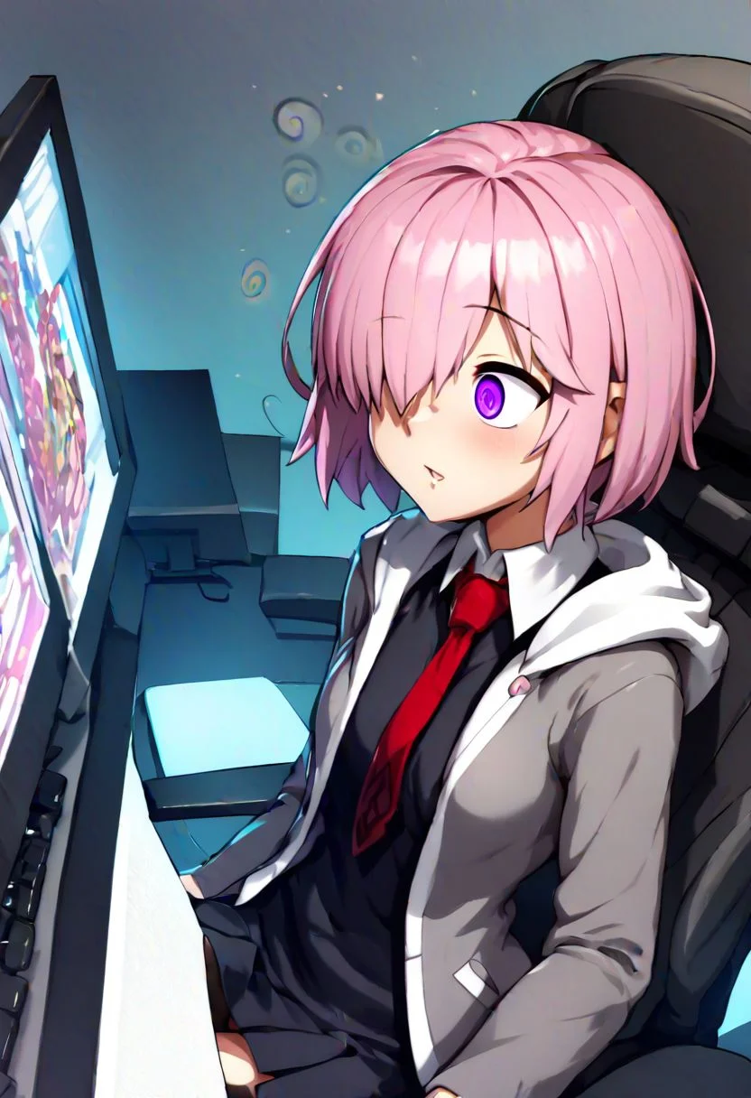 score_9, 4k, highly detailed, anime style, Mash being brainwashed by a computer,
hypnosis, blank eyes, mind control, slack expression, computer screen, hypnotic screen saver, gaping at screen, wide eyes, drooling, chair, slumped in chair, looking at computer, arms slack, leaning back, solo, facing computer, side view,
purple eyes, pink hair, short hair, hair over one eye
Mash_Def, glasses, short dress, black dress, black skirt, necktie, red necktie, wing collar, jacket, open jacket, hooded jacket, grey jacket, hood down, black pantyhose