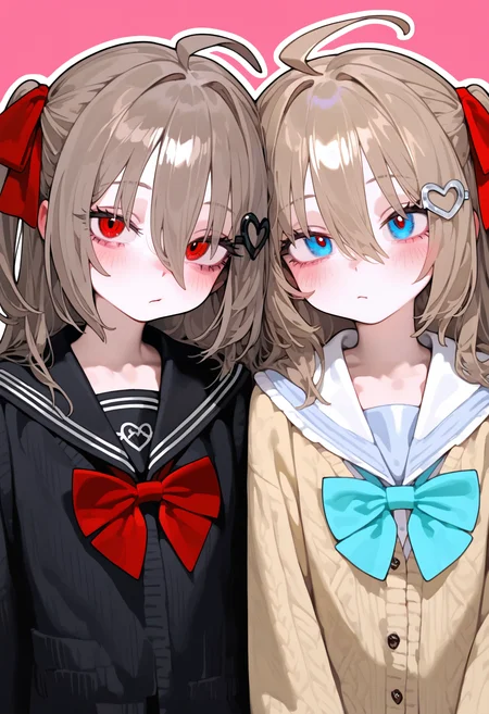 <lora:EatSleep1111StyleSDXL11:1>, best quality, masterpiece, very awa, eatsleep1111, evil neuro-sama, neuro-sama, brown hair, 2girls, sisters, black serafuku, serafuku, white heart hair ornament, black heart hair ornament, school uniform, black cardigan, yellow cardigan, blue eyes, red eyes, red bow, red bowtie, aqua bow, aqua bowtie, side-by-side, pink background, white outline, blush, <lora:NeuroEvilVedalNoob11:1>