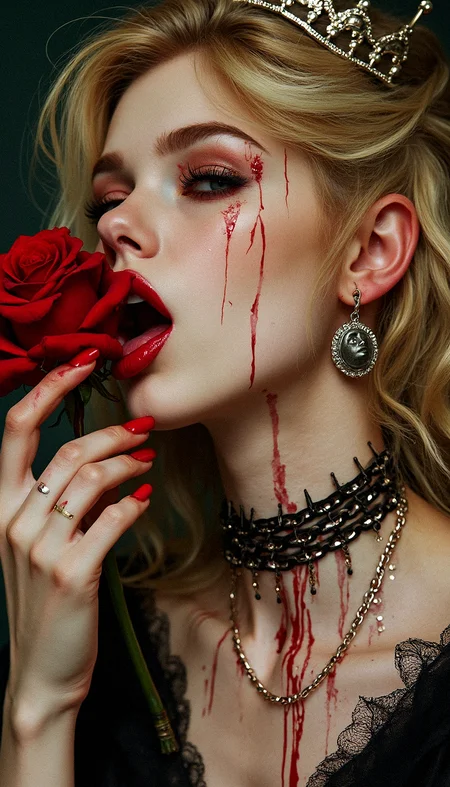 a beautiful blonde, 3/4 view portrait, holds a rose near her lips, other hand on cheek, tongue out, the woman's neck tied by chains, red paint flows down the rose, a girl licks drops of red paint, a crown on her head, a choker with the moon on her neck, decadence, a supermodel of the 90s, powerful villian, clever villian, deatcore, vampire style, horror style, dynamic poses, darkly romantic illustrations, southern gothic, World of Darkness, bloodbath
