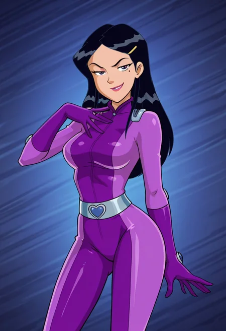 masterpiece, best quality, good quality, 1girl, solo, cartoon, parody, official style, mandy_totally_spies, black hair, long hair, purple eyes, mole under eye, hair ornament, purple bodysuit, sexy, large breasts, beautiful, detailed, high detailed, very beautiful, detailed face, detailed eyes, detailed hand, abstract background, neon, smile, smirk, posing, pose, looking at viewer, face focus