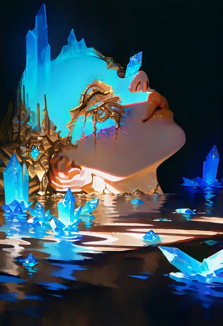 masterpiece, best quality, good quality, very aesthetic, absurdres, newest, solo, closed_eyes, lips, no_humans, shadow, gem, facing_viewer, crystal, gold, still_life, surreal, Skin cracks,Skin peeling,water, Extreme Close-Up,gobo lighting, Cool And Blue Lighting, <lora:ponyv4_noob1_2_adamW-000017:0.7> <lora:USNR_STYLE_XL_lokr:1> <lora:GOBOLightingILL:0.6>