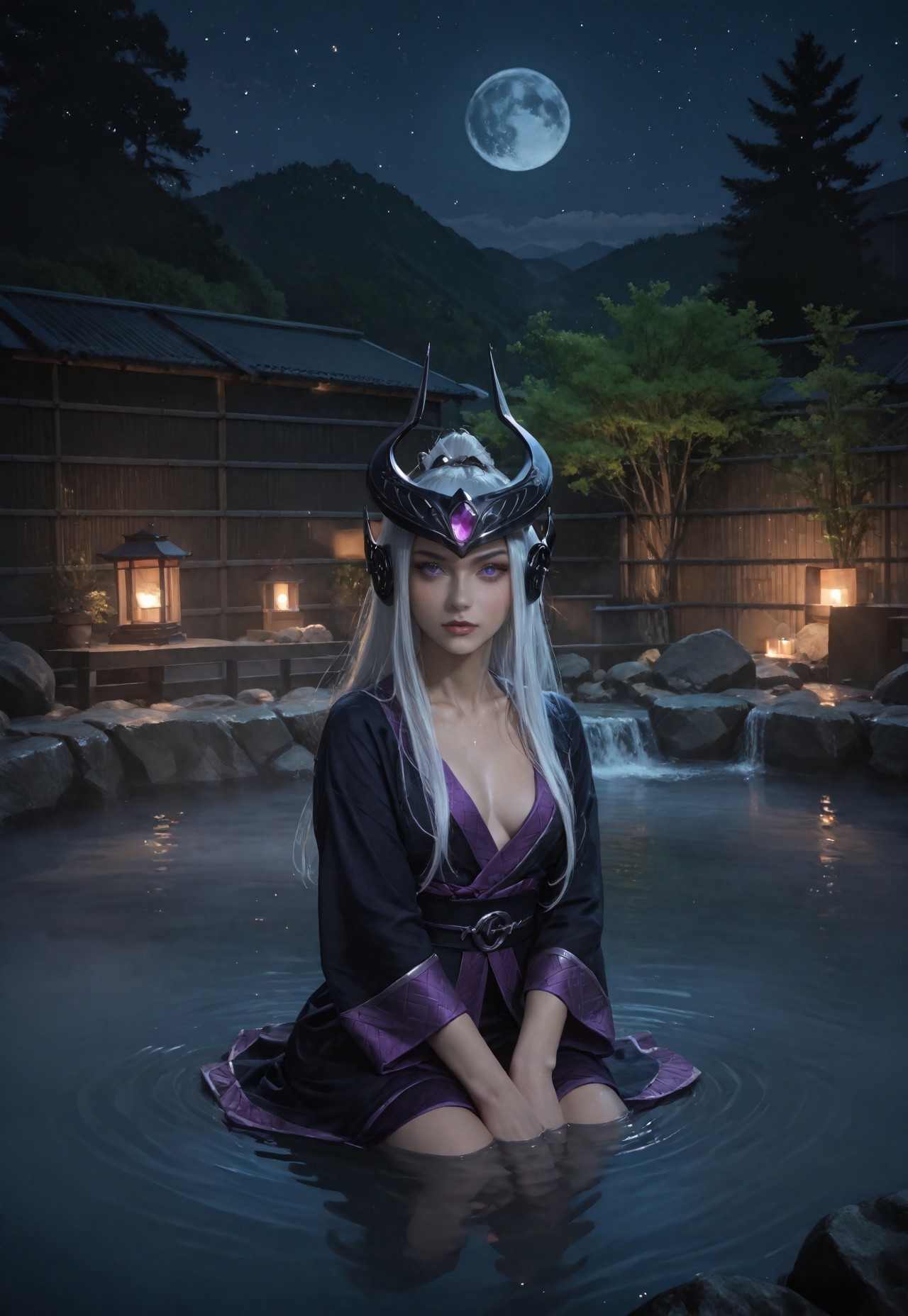 safe_pos, score_9, score_8_up, score_7_up, score_6_up, rating_explicit, score_9, score_8_up, score_7_up, a beautiful girl, (only wears a purple silk bathrobe) subsurface scattering, Photorealistic, Hyperrealistic, analog style, realistic, film photography, soft lighting, photo, cinematography, high resolution, 8k, syndra, white hair, purple eyes, night view, full moon, ruanyi0653,onsen,fence,rock,water,fog, seducting look
