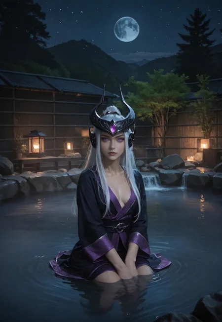 safe_pos, score_9, score_8_up, score_7_up, score_6_up, rating_explicit, score_9, score_8_up, score_7_up, a beautiful girl, (only wears a purple silk bathrobe) subsurface scattering, Photorealistic, Hyperrealistic, analog style, realistic, film photography, soft lighting, photo, cinematography, high resolution, 8k, syndra, white hair, purple eyes, night view, full moon, ruanyi0653,onsen,fence,rock,water,fog, seducting look