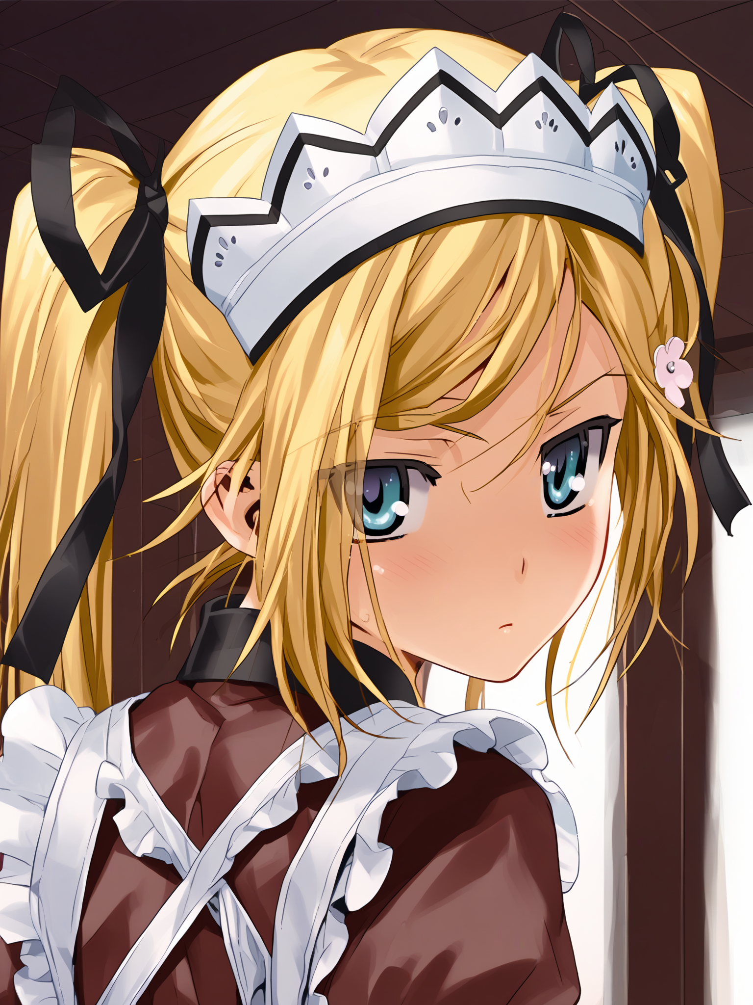 <lora:happy_tentacle-mafuyu-v0.2-000030:1>, ht_mafuyu, blonde hair, hairclip, maid, maid headdress, indoors , 1girl, solo, upper body , , (doyagao :1.2), , looking at viewer , , from behind , score_9, score_8_up, score_7_up, score_6_up, score_5_up, score_4_up