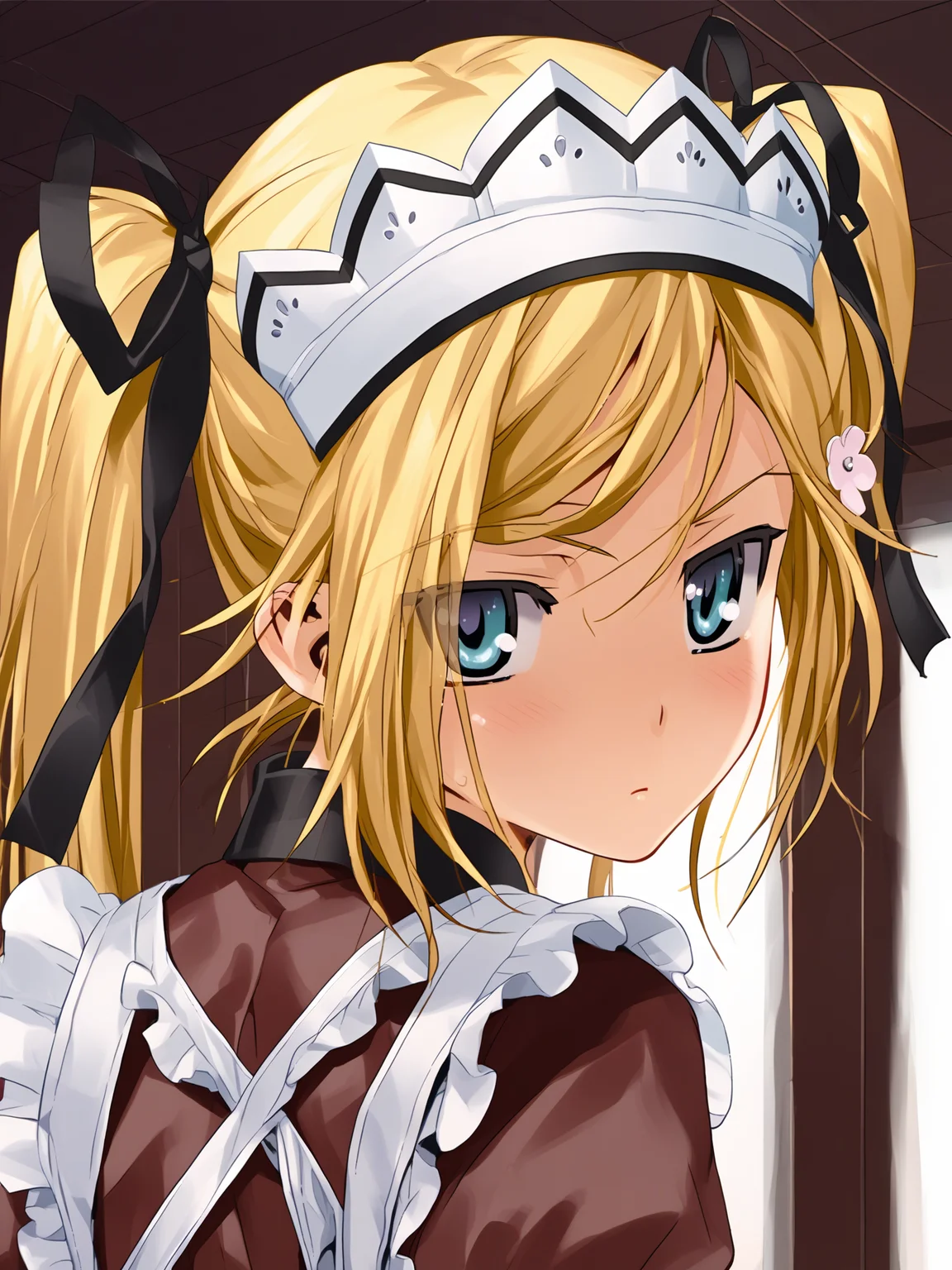 <lora:happy_tentacle-mafuyu-v0.2-000030:1>, ht_mafuyu, blonde hair, hairclip, maid, maid headdress, indoors , 1girl, solo, upper body , , (doyagao :1.2), , looking at viewer , , from behind , score_9, score_8_up, score_7_up, score_6_up, score_5_up, score_4_up
