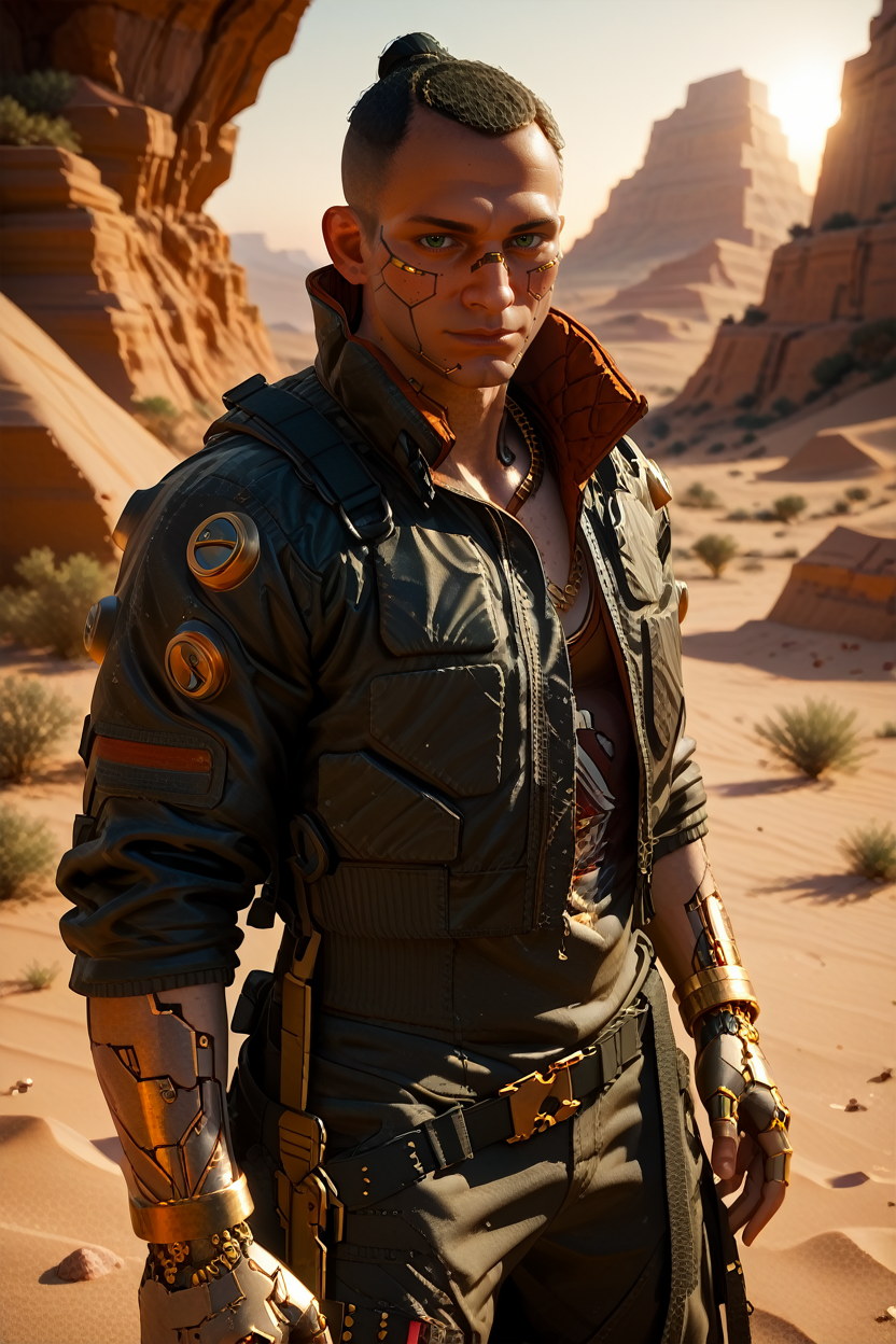 score_9, score_8_up, score_7_up, score_6_up
<lora:CyberJackie:1.0>
CyberJackie, 1boy, black hair, green eyes, mechanical parts, looking at viewer, wearing traditional Arabic clothing, standing in a desert with dunes in the background, golden sands, intense gaze, sunset light casting long shadows