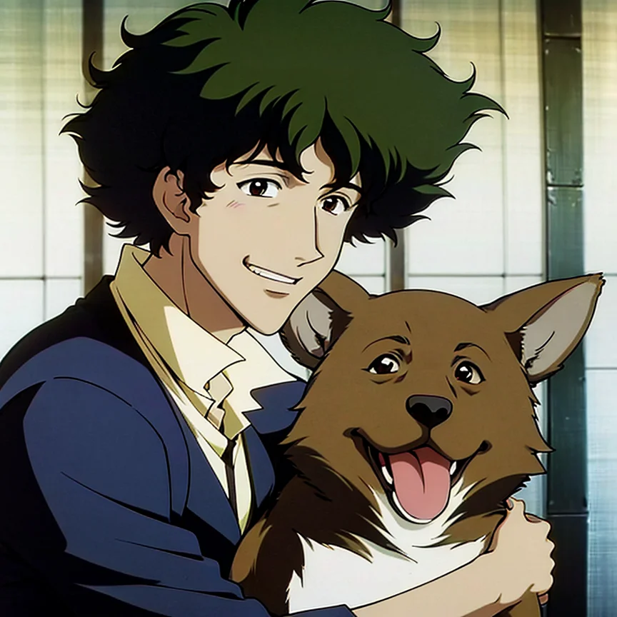 1boy, spike spiegel, smiling, hugging dog, happy