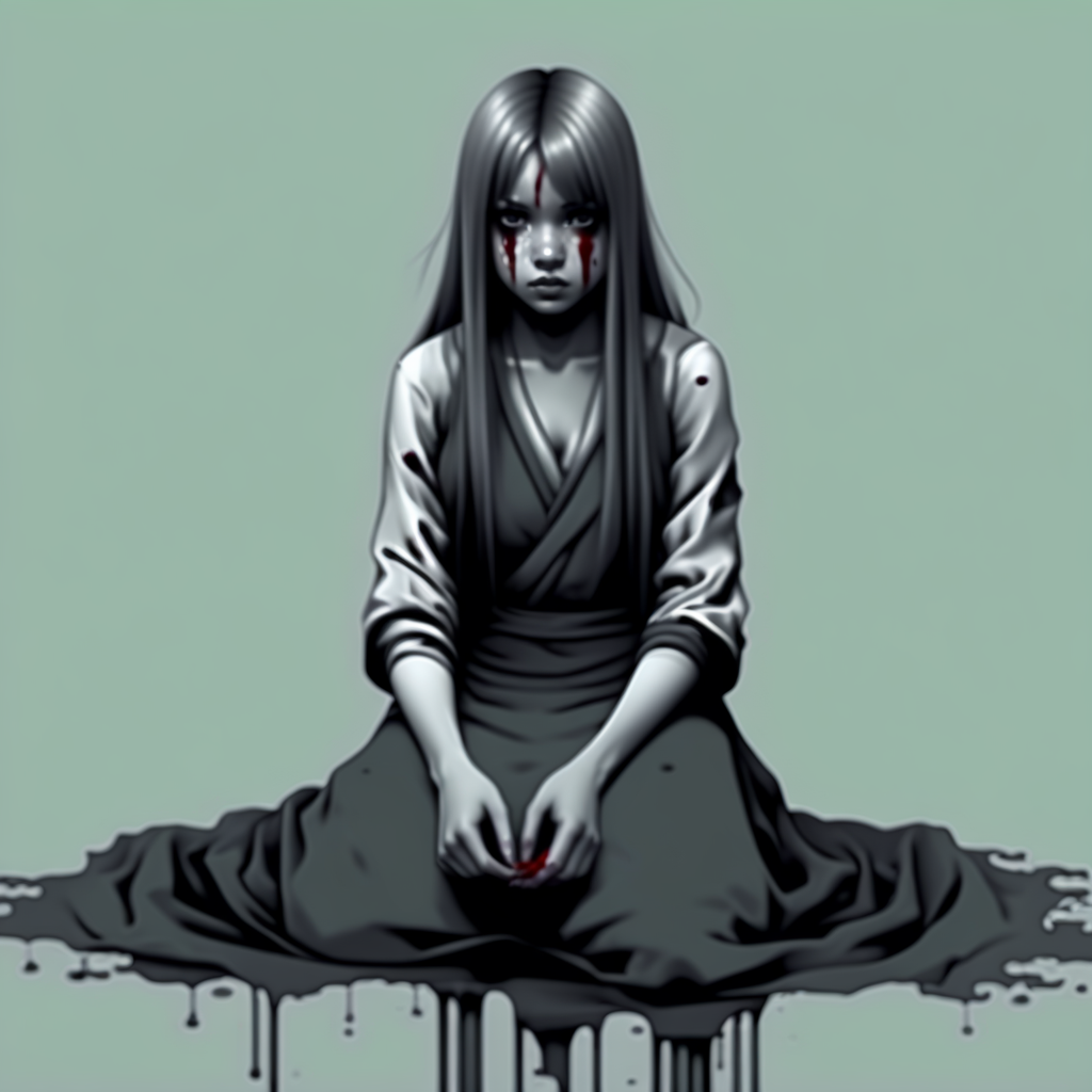 spot color, dress, traditional media, 1girl, monochrome, blood, greyscale