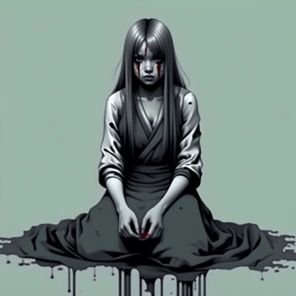 spot color, dress, traditional media, 1girl, monochrome, blood, greyscale