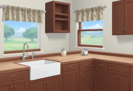 landscape, indoors, no humans, kitchen, cabinets, window, countertop, curtains, cutting board, clock, sink, masterpiece, best quality