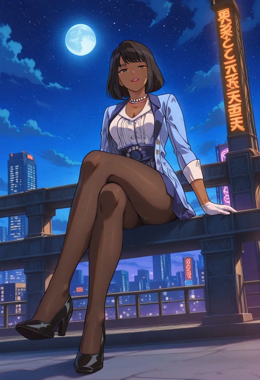 CoconaHSR, 1girl, solo, dark skin, dark-skinned female, black hair, short hair, bangs, bob cut, brown eyes, lips, pearl necklace, large breast, light blue jacket, white shirt, blue skirt, white gloves, brown pantyhose, thick thighs, shoes, white cuffs, jewelry,
,seductive pose, sexy pose, tease,
masterpiece, best quality, fine details, intricate details, depth of field, subsurface scattering, bokeh,
ultra-detailed, very aesthetic, detailed background, newest, scenery, highres, absurdres, colorful, vibrant, glowing, perfect face, 2d, perfect eyes, vibrant saturated colors, volumetric lighting, sharp, detailed eyes, perfect anatomy, perfect face, perfect eyes, mature body, clear eyes, beautiful eyes, athletic, curvy body, athletic girl, perky tits, perfect tits, round breasts, pinup pose, teasing, lustful expression, perfect hands,
muscular female, dutch angle,
cityscape, rooftop, outdoors, skyscrapers, railing, neon lights, detailed background, night, night sky, night time, starry sky, sitting on railing, moon, looking at viewer, arm rest, smirk, crossed legs, open mouth, full body, foreshortening,
,Smooth Negative, Smooth_Quality,
90s_anime_aesthetic, 1990s (style), retro, retro artstyle,dark_fantasy_style, dark fantasy, retro,