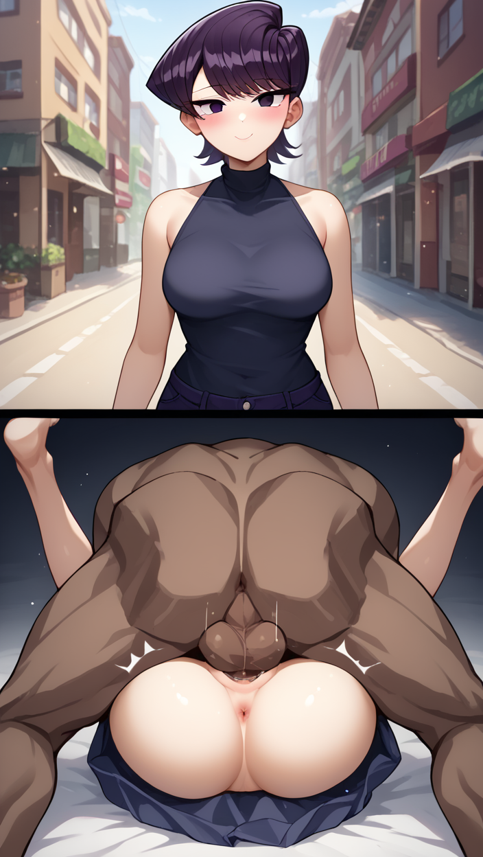 score_9, score_8_up, score_7_up, source_anime BREAK 1girl, ((solo)), Komi shuuko, short hair, purple hair, cowboy shot, purple eyes, swept bangs, turtleneck, jeans, looking at viewer, blush, smile, standing, medium breasts, perky breasts, (2koma), instant loss, pov, before and after, pov before and after, <lora:POV_before_and_after__instant_loss:1>, netorare, unseen male face, dark-skinned male, street, bedroom, hetero, nude, completely naked, mating press, sex, penetration, ass, bare 
 shoulders, rating_questionable