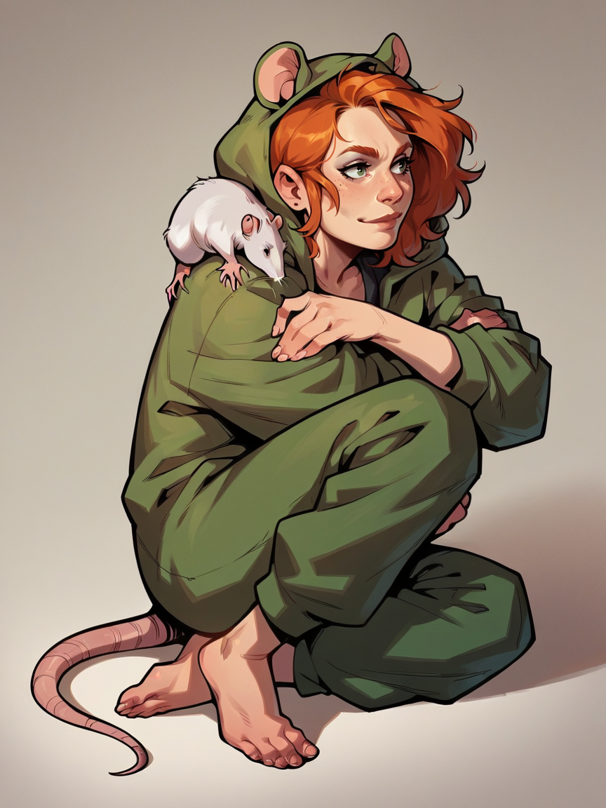 score_9, score_8_up, score_7_up, score_6_up, score_5_up,  <lora:onshoulderXLP:0.7> on shoulder, solo, rat, 1girl, ginger hair <lora:ratonsieXLP:0.57> rat onsie, barefoot, animal costume, tail