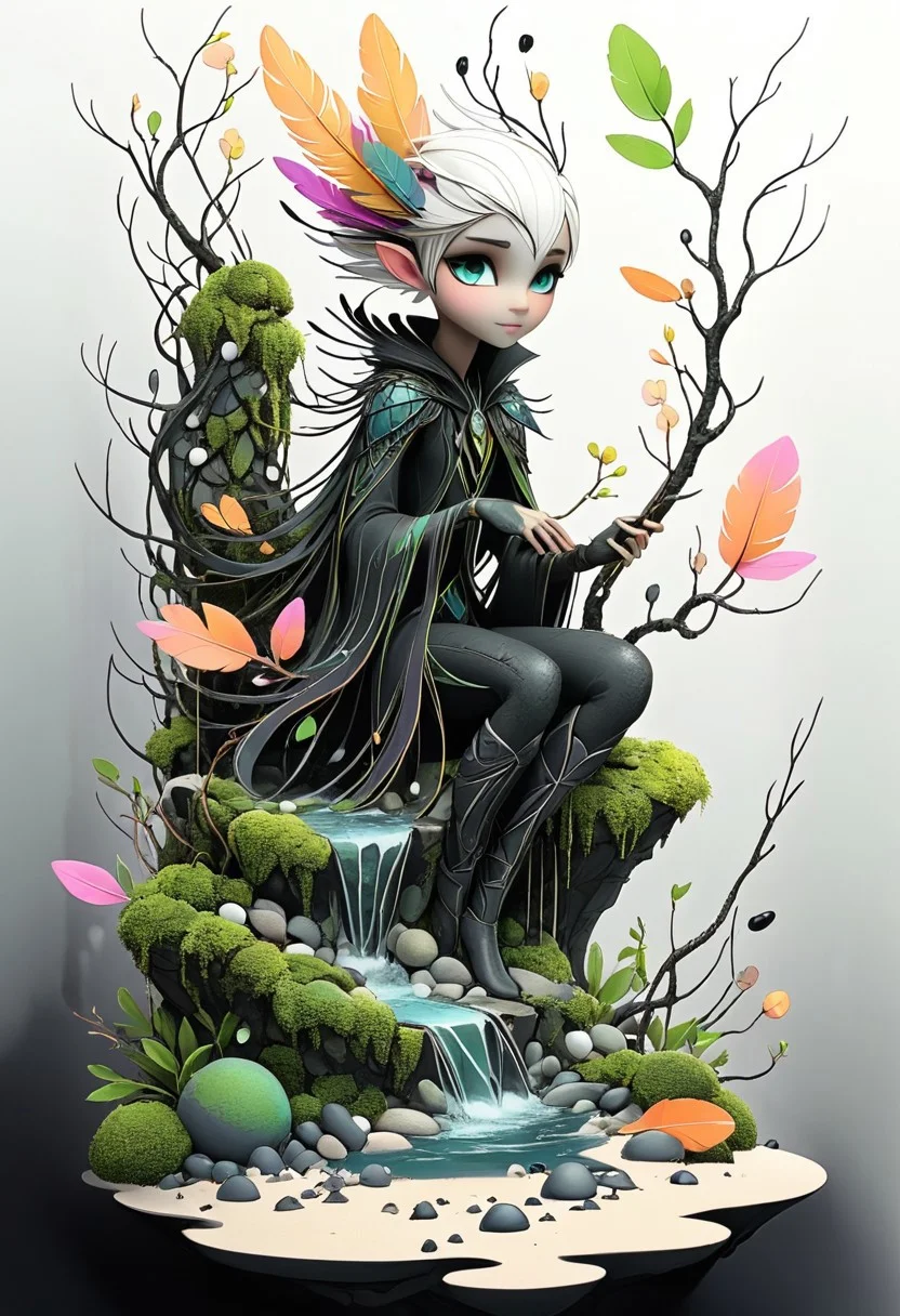artmdfstff2, illusionist, character concept, black linework, white background, neon's and pastels, fantasy setting, world building, dark fantasy, organic, made of stuff, construct, moss, Leaves, petals, pebbles, water, sand, feathers, twigs