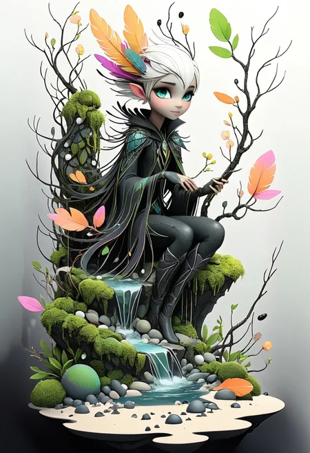 artmdfstff2, illusionist, character concept, black linework, white background, neon's and pastels, fantasy setting, world building, dark fantasy, organic, made of stuff, construct, moss, Leaves, petals, pebbles, water, sand, feathers, twigs