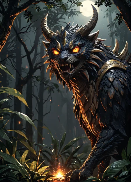 breathtaking monster hunter kulve taroth, in a jungle at night, fog, night sky, meteor, detailed eyes, <lora:The_Pulp_Session:1>, . award-winning, professional, highly detailed