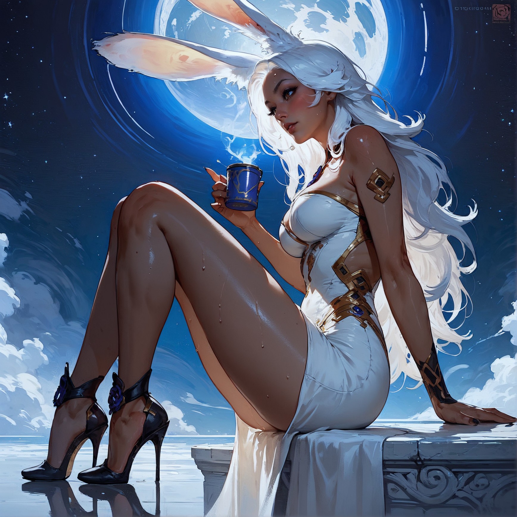 score_9, score_8_up, score_7_up,  rating_questionable, 20yo girl, 1girl, viera, solo, tall, white dress, red trim, a woman with white hair, Brom, beautifully backlit, fantasy art, dark skin, long hair, rabbit ears, white hair, space traveler, galactic, otherworldly, ethereal, atmospheric, galaxy, sweat, full body, romantic, sitting, drinking coffee, high heels, side view, view from below, head turned away  <lora:pony/twilight_style:0.8> <lora:pony/expressiveh:0.8> expressiveh