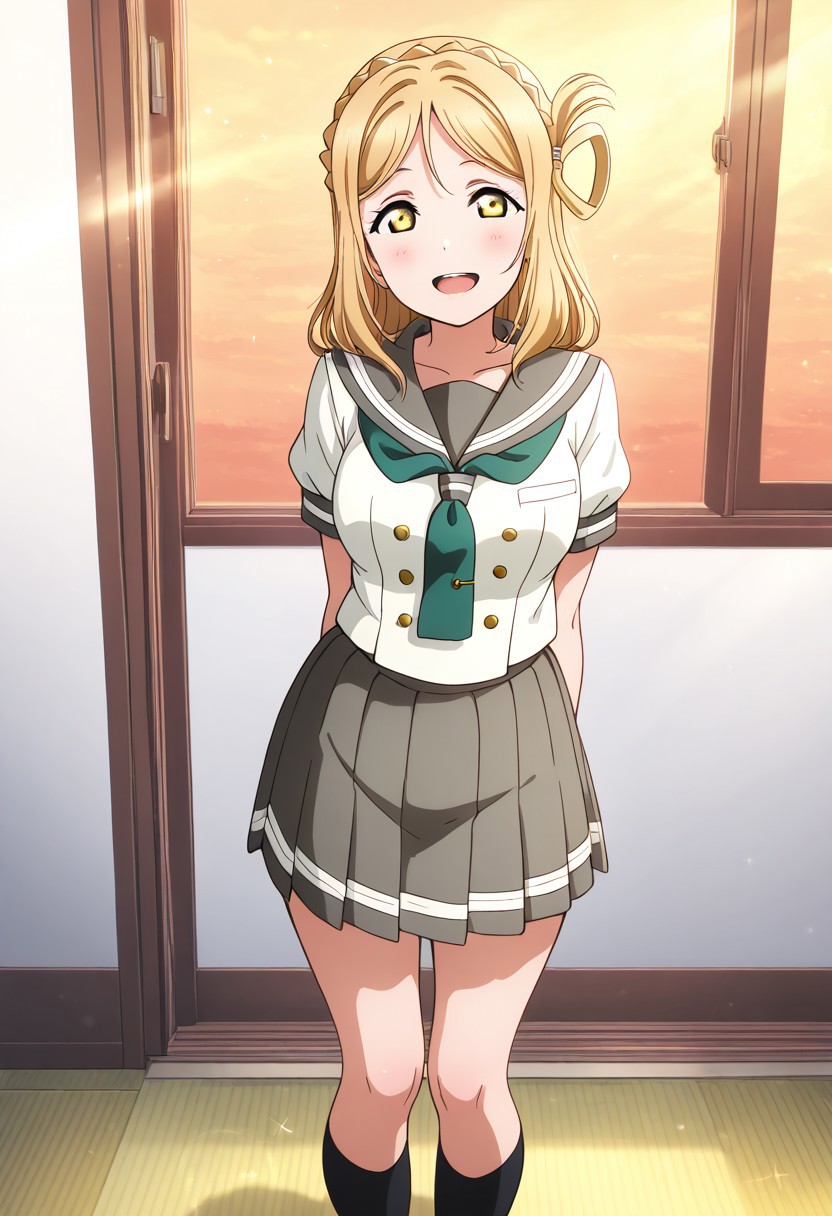 masterpiece, best quality, solo, 1girl, aged up, happy, 
mari_ohara, long hair, bangs, blonde hair, hair ornament, yellow eyes, braid, medium hair, hair rings, crown braid, skirt, short sleeves, pleated skirt, serafuku, socks, neckerchief, kneehighs, black socks, green neckerchief, grey skirt, uranohoshi school uniform,, happy, standing,