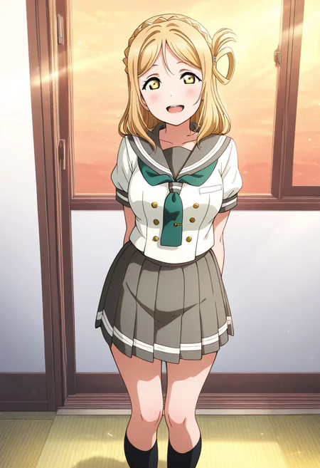 masterpiece, best quality, solo, 1girl, aged up, happy,
mari_ohara, long hair, bangs, blonde hair, hair ornament, yellow eyes, braid, medium hair, hair rings, crown braid, skirt, short sleeves, pleated skirt, serafuku, socks, neckerchief, kneehighs, black socks, green neckerchief, grey skirt, uranohoshi school uniform,, happy, standing,