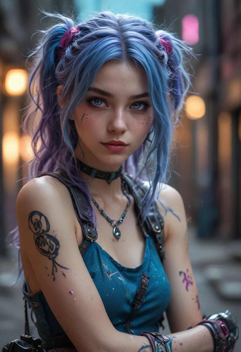 Masterpiece, dgtaaa, the intimate portrait of Jinx, the chaotic marksman from *League of Legends*, born of mayhem and untamed energy, her beauty unconventional and electrifying,
Her long blue pigtails wildly flowing, her mischievous pink eyes glinting with excitement, her body leaning forward with one hand gripping her oversized weapon Fishbones, the other playfully twirling a grenade, her lips curled into a manic grin,
Hyper-detailed skin with faint battle scars and smudges of grease, cinematic lighting with vibrant neon blues and purples, bokeh of an urban underworld filled with graffiti and glowing signs, her pose wild yet intimate, capturing the allure of her unpredictable nature,
