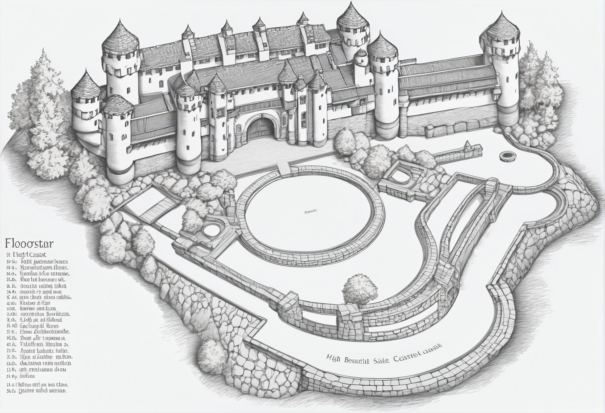 mountain castle floorplan with a beautiful courtyard, high resolution<lora:floorplans-prod-e-000012:1>