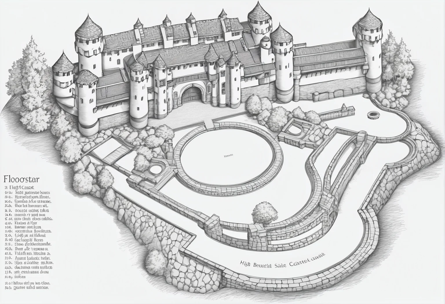 mountain castle floorplan with a beautiful courtyard, high resolution<lora:floorplans-prod-e-000012:1>