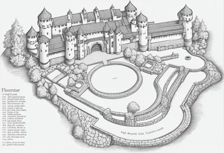 mountain castle floorplan with a beautiful courtyard, high resolution<lora:floorplans-prod-e-000012:1>