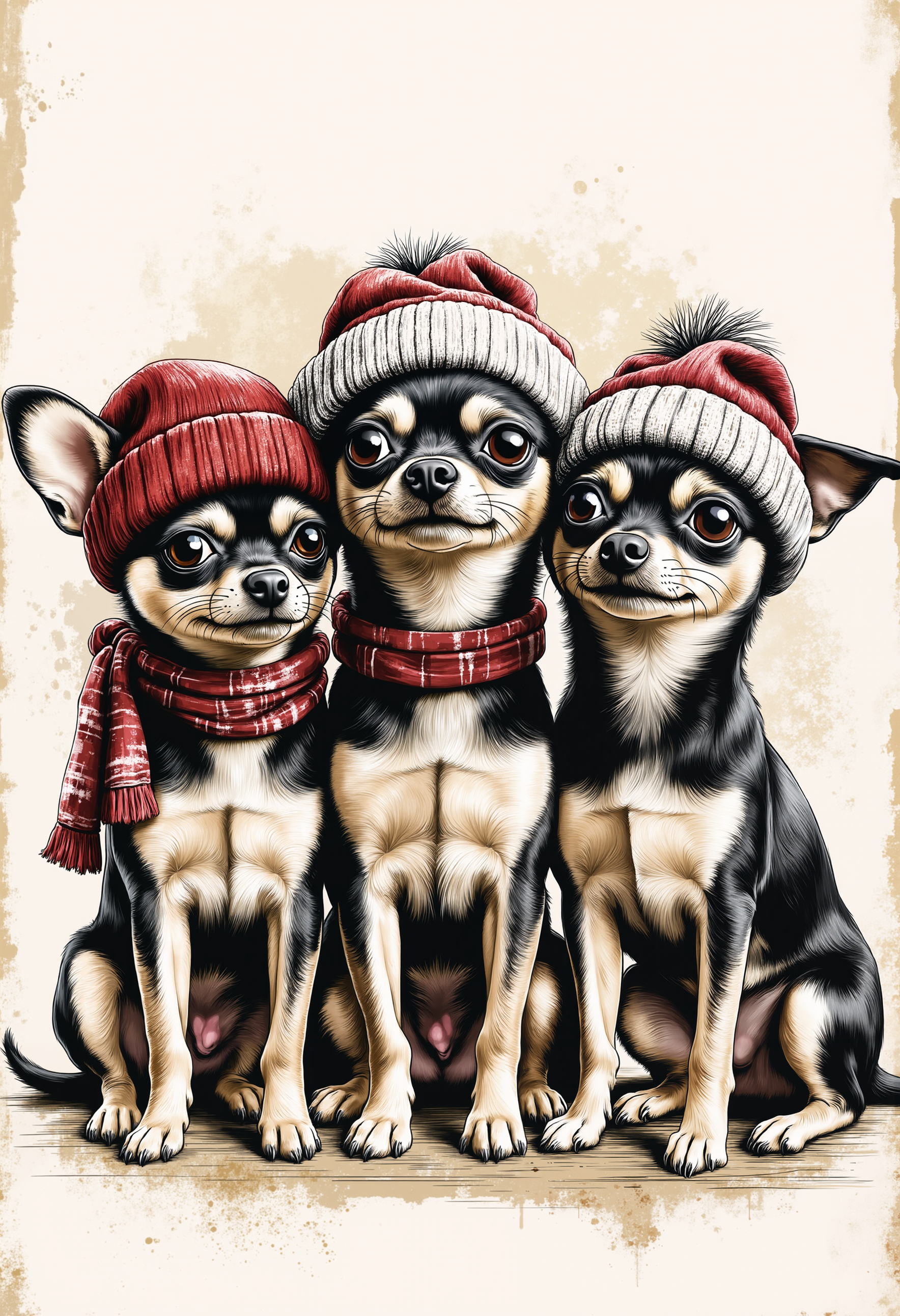 pst010,Drawing of three Chihuahuas sitting close to each other wearing hats and scarves