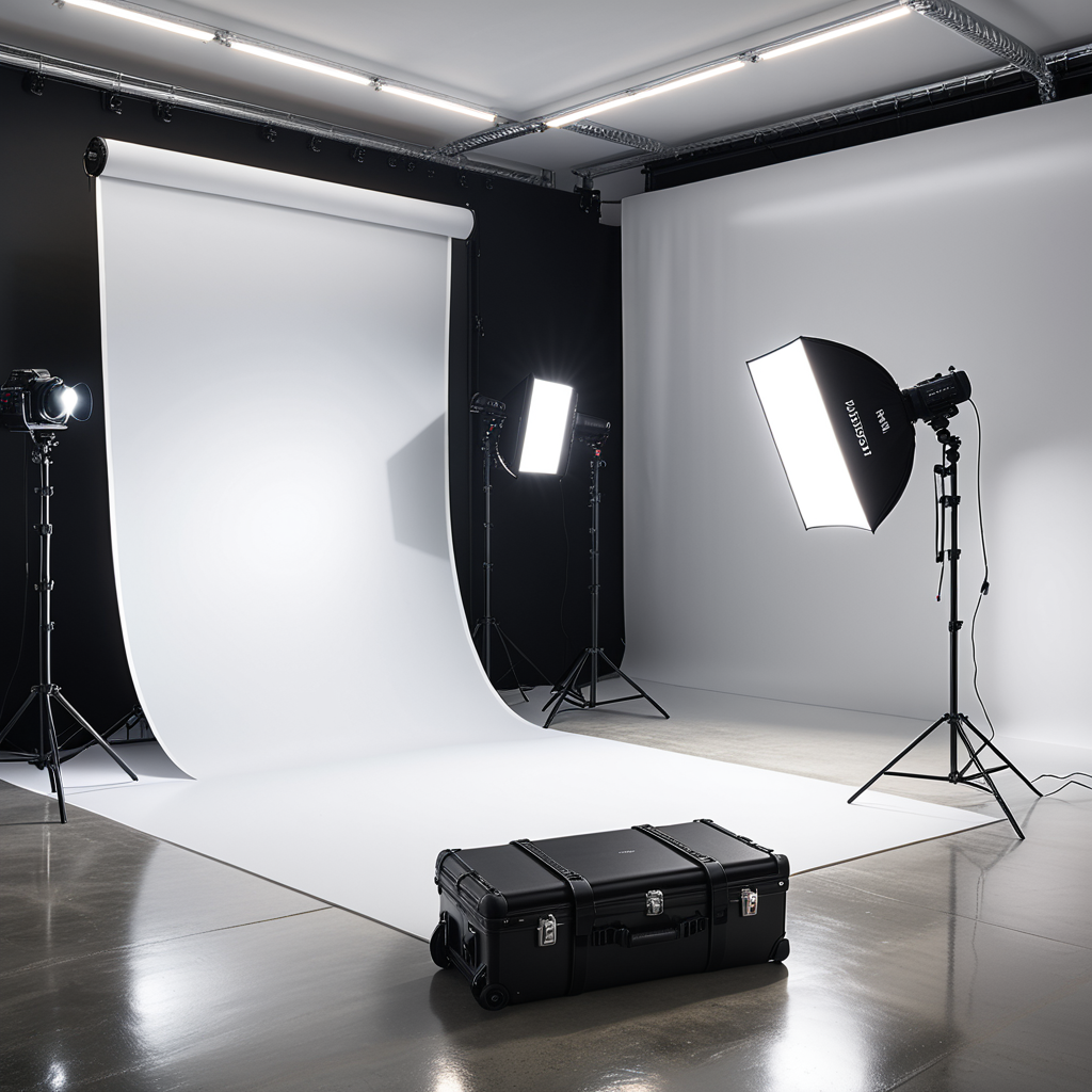 A professional photography studio with a clean, modern design. The room has smooth white walls and a polished concrete floor. A large white backdrop extends across one wall, seamlessly curving into the floor to create an infinity effect. Positioned directly in front of the backdrop is a high-end DSLR camera mounted on a sturdy black tripod, aimed toward the scene for shooting. The camera has a visible lens and adjustment dials, indicating a professional setup. On either side of the backdrop are two large softbox lights mounted on adjustable stands, emitting a soft, even glow. In the background, there are black equipment cases stacked neatly against the wall, adding to the organized workspace. The overhead fluorescent lights illuminate the space evenly, and faint reflections of the setup can be seen on the smooth floor. The overall atmosphere is bright, clean, and professional, emphasizing functionality and creative potential.
<lora:SDXLFaeTastic2400:0.4> <lora:extremely_detailed:0.4> extremely detailed, Masterpiece,best quality,hi res,8k,hi res,8k,award winning,(sharp focus, intricate, highly detailed),