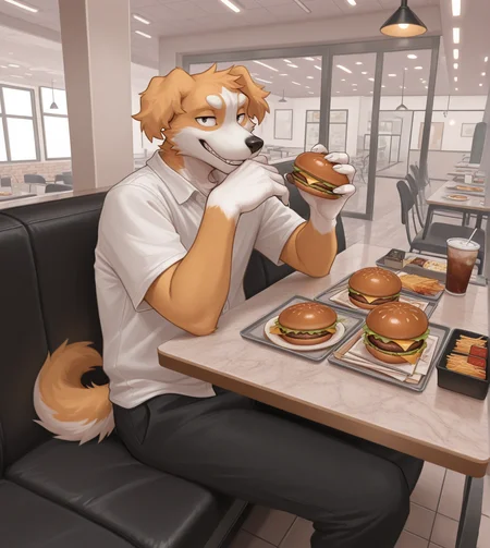 solo, anthro, furry, looking at viewer, male, two-tone fur, dark eyes, white hands, sitting, restaurant, hamburger
BREAK masterpiece, best quality, amazing quality, very aesthetic, high resolution, ultra-detailed, absurd res, newest,  scenery,  <lora:Smell:1>, joseph