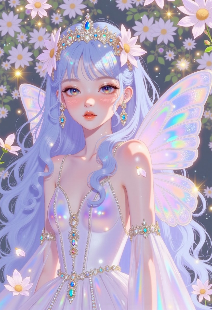pinkprismaticglow,
A dreamy woman with pastel pink and blue ombre hair, cascading in soft waves. Her delicate lavender eyes glow faintly as she smiles. She wears an ethereal white gown with soft pink and lilac floral embroidery, and her translucent butterfly-like wings shimmer in pastel hues. Around her, floating petals and glowing fireflies create a serene, magical aura.