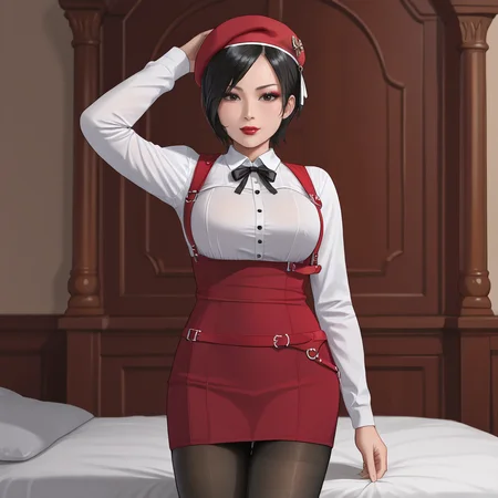 <lora:adawongresidentevil4remake_pony_v1:1>AdaResidentEvil4Remake, 1girl,  large breasts, short hair, black hair, cowboy shot, lipstick,eyeshadow, cowboy shot,  <lora:0902 Home wear 5_v1_pony:1> ruanyi0902,beret,black ribbon,collared shirt,black pantyhose,high-waist skirt,white shirt,suspenders