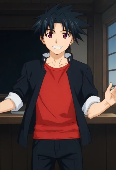 ((masterpiece)), ((best quality)), ((ultra-detailed)), ((absurdres)), score_9_up, score_8_up, score_7_up,
HD, top quality, best quality, amazing quality, High-quality illustrations, anime screencap, source_anime, best aesthetic, perfect proportions, perfect eyes, 1boy, 1male, solo boy, solo male, male focus, solo male focus, Anime, boy, male anime character, anime boy, handsome, attractive, cute, charming, sexy, hot, ((short, shirt body, short height)), ((front view, front view, front shot, facing front, looking at viewer)), ((cowboy shot, head to hips shot)), Touta Konoe, black hair, spiky hair, red eyes, black coat, red shirt, rolled sleeves, black pants, updn, easynegative, neghands, Expressiveh, ((school cafeteria background)), big smile, happy, energetic