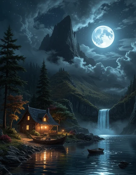 Under the eerie glow of a full moon, a dark and ominous landscape unfolds. A vibrant, colorful boat floats on the serene lake, its vivid hues contrasting starkly with the foreboding atmosphere. In the background, a waterfall cascades down jagged rocks, the water glistening in the moonlight. Thick, swirling clouds loom overhead, adding to the sense of an evil presence. The moonlight filters through the clouds, casting an otherworldly glow over the scene. A falling star streaks across the sky, adding a touch of mysticism to the night. The air is thick with a sense of ancient secrets and dark magic, as if the very night is alive with hidden power. As daylight breaks, light glows on the landscape, illuminating the boat and the surrounding scenery with a surreal brightness. [romantic impressionism,dream scenery art,beautiful oil matte painting,romantic,style of thomas kinkade,beautiful digital painting,anime landscape,romantic painting,dreamlike digital painting,colorful painting,beautiful gorgeous digital art,style of greg rutkowski,janek sedlar,jenny saville:0] <lora:vivid_everclear:0.6> <lora:Sinozick:0.65><lora:Vivid Midjourney mimic - XL - SDXL v3.0:1>