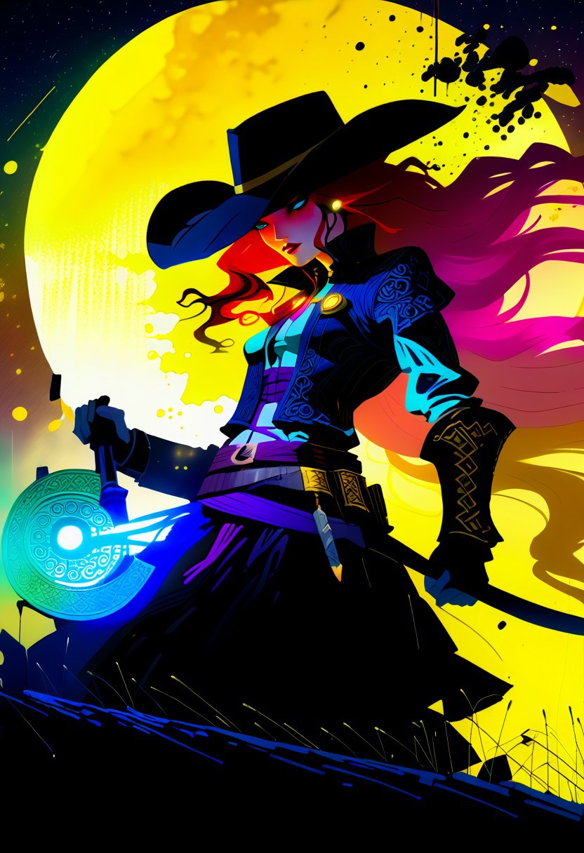 score_9, score_8_up, score_8_up, ((Cinematic composition)),((masterpiece)), (resplendent highlighting), 8k. Photorealistic
1girl, (full body). A beautiful hulking troll  cowgirl (ribbons of glowing light swirl around her) stands by her horse. (Cowboy hat) cowboy boots, battle axe.  (camera angle from below). ((full body)). (resplendent spotlight on her face). Ominous chaotic atmosphere.
Double exposure.
Ink, Charcoal and colourful oil pastels. impressionistic. faded watercolours (Klimt :1.2) dadaistic collage (by Bill Sienkiewicz:1.5), strikingly alluring face. brilliant spotlight effect. Vibrant thick dripping paint. Intense detail, realistic, dynamic shadows and contrasts. Matte and faded background colours.
surreal, intense colors, liquid, unreal parts, alluring, fluid, perfection, gothic. (Luminous skin dynamically spotlighted), Illustration, (klimt:0.8) (Bill Sienkiewicz:1.5). maximum detail, Chinese watercolor and ink technique. Gold leaf highlights.
<lora:xl_more_art-full_v1:0.4> <lora:epi_noiseoffset2:1>3