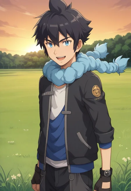 score_9, score_8_up, score_7_up, source_anime, highly detailed, 1boy, solo, male_focused, skinny, slender,
1boy, male focus, gloves, scarf, blue eyes, solo, fingerless gloves, black hair, open mouth, smile
outdoor, grass, sunset,