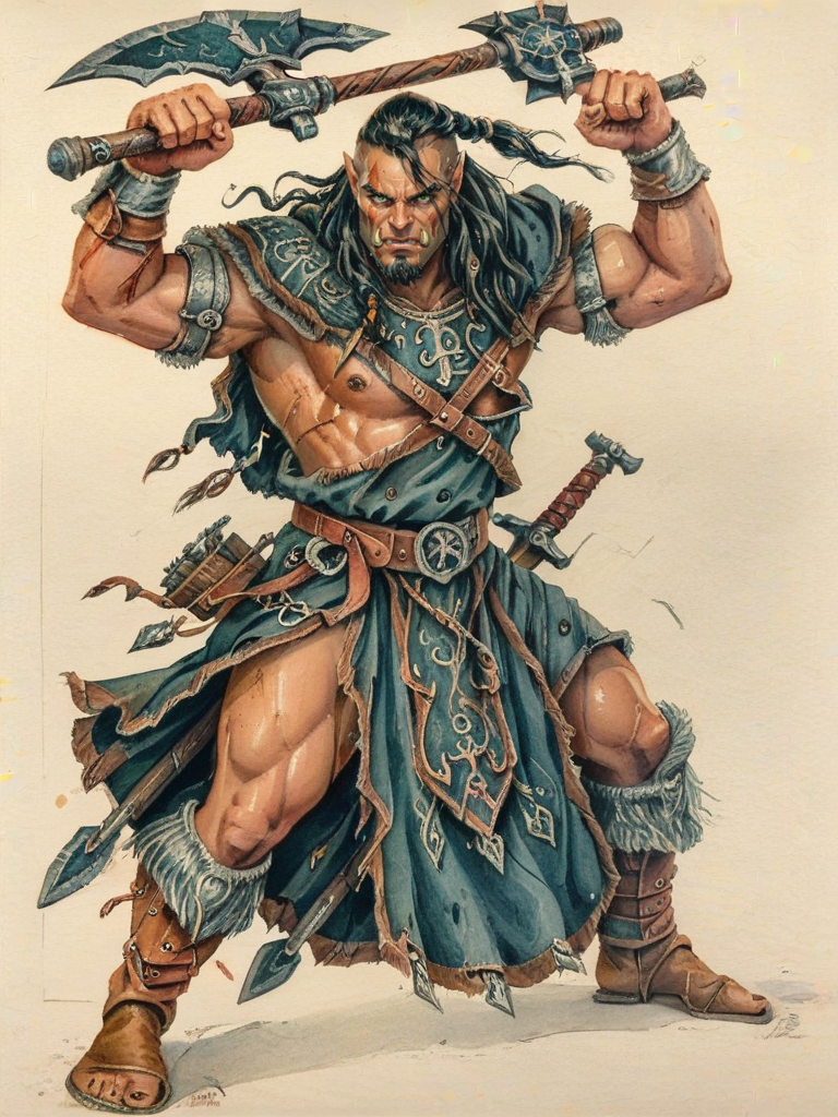 score_9, score_8_up, score_7_up, oblivionarts, solo, orc, barbarian, battle axe, weapon in hand, very muscular, pose, battling simple background, traditional art, medieval aesthetic, <lora:Oblivion:1>